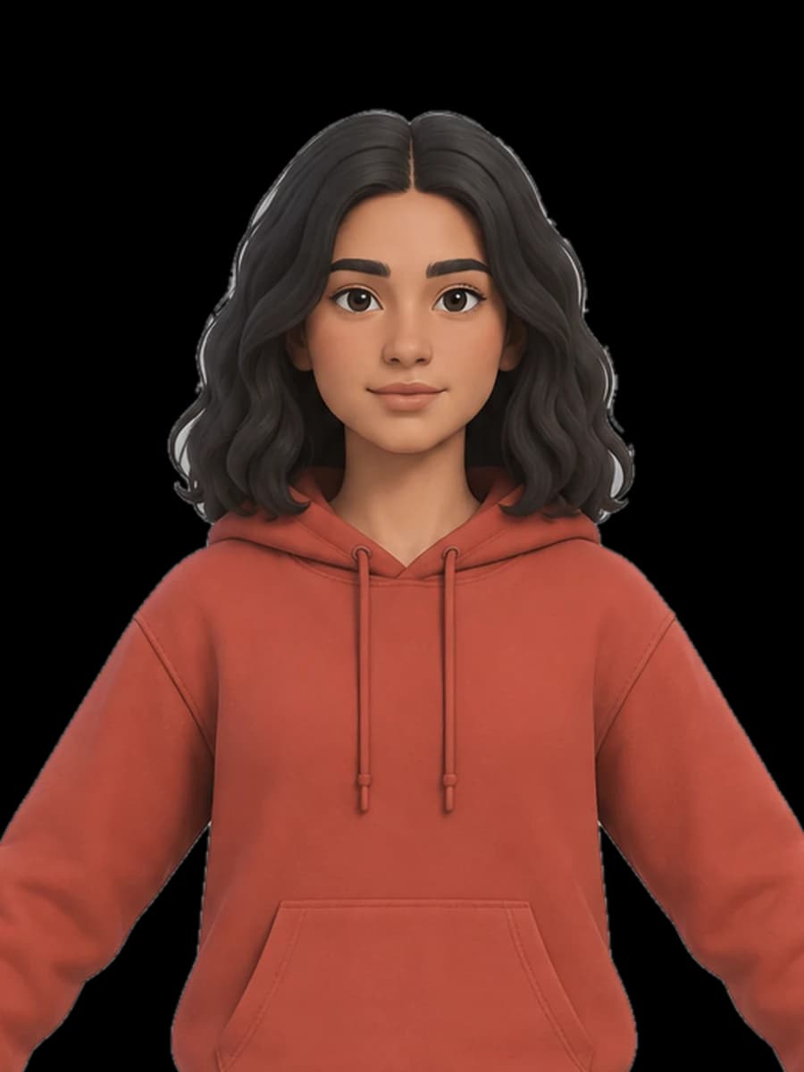 Maya, the first episode's lead, in her red hoodie